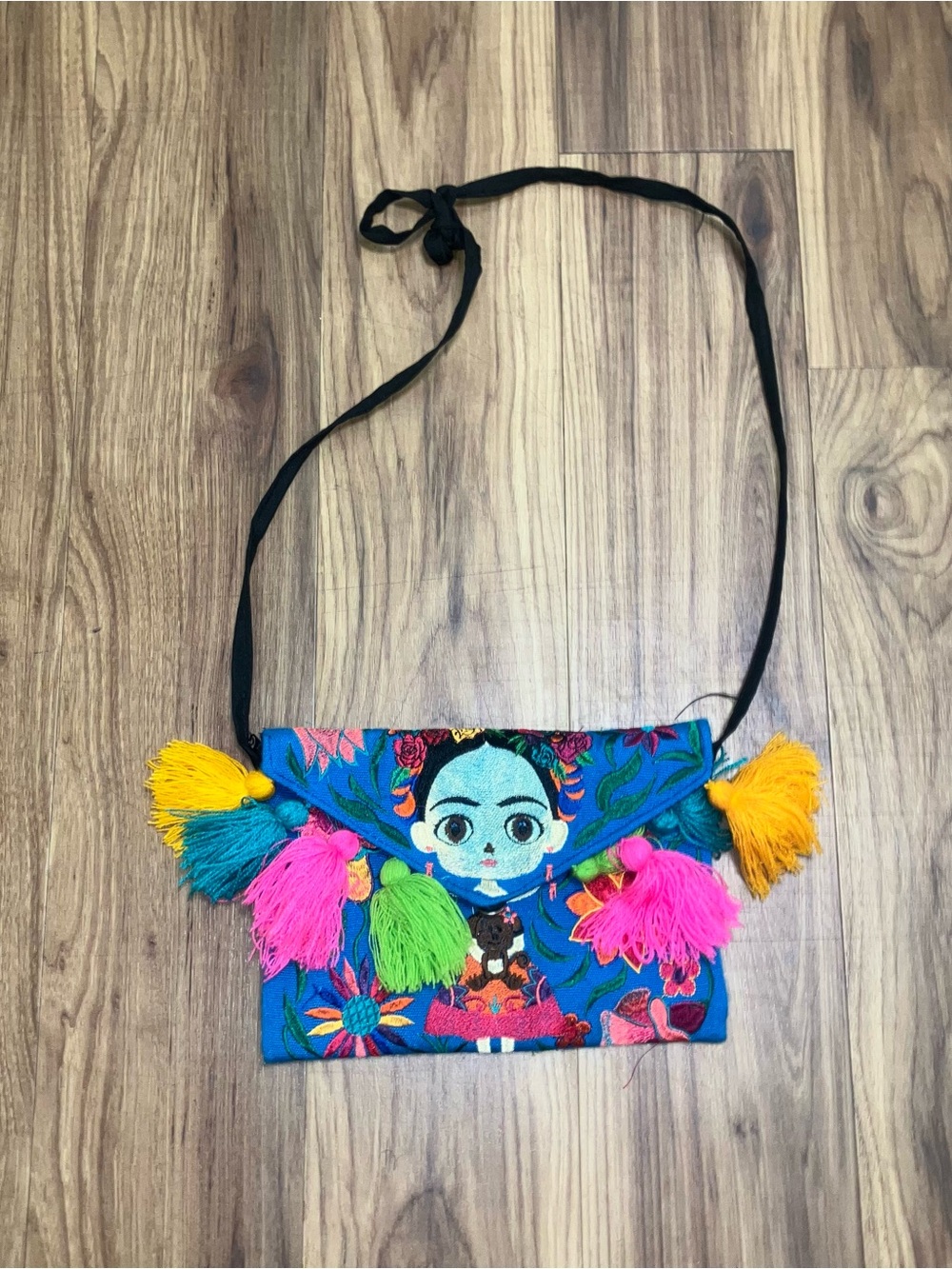 Hand-Embroidered Blue Frida-Inspired Shoulder Bag with Colorful Tassels